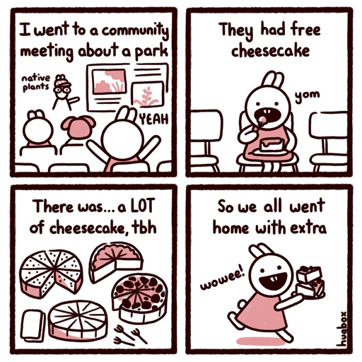 A four panel comic in brown, pink, and white about going to a meeting about a park and getting free cheesecake